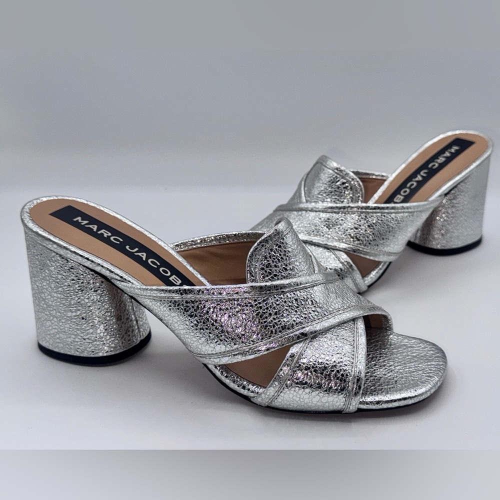 Marc Jacobs New Aurora Metallic Silver Block Heel Slide Mule Sandals 39
